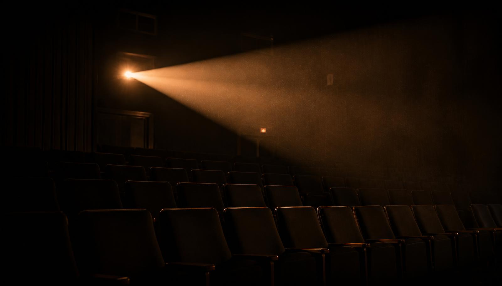 A dark cinema auditorium lit by a single warm projector beam